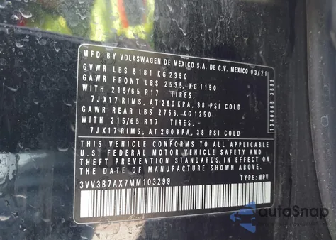 2021 Volkswagen Tiguan 2.0T Se/2.0T Se R-Line Black/2.0T Sel from USA, damaged, VIN 3VV3B7AX7MM103299